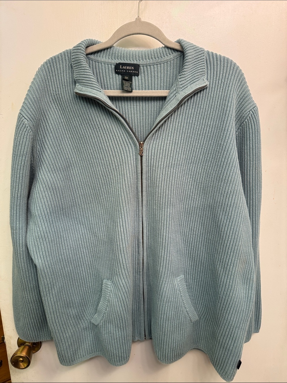 Ralph Lauren Light blue Ribbed Zip-Front 100% Cotton Sweater with pockets